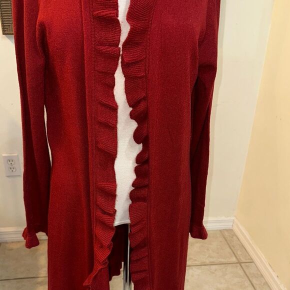 Travel Smith Red Ruffled Open Long Cardigan Sweater Size XL - Picture 5 of 13